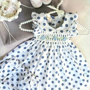 Floral Hand-Smocked Embroidered Baby Girl Dress. Infants Cotton Dress & Bloomers